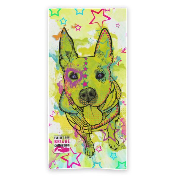 Strandtuch, Badetuch, Saunatuch mit buntem Hundemotiv in digitaler Popart mit Hunde Motiv Amy3